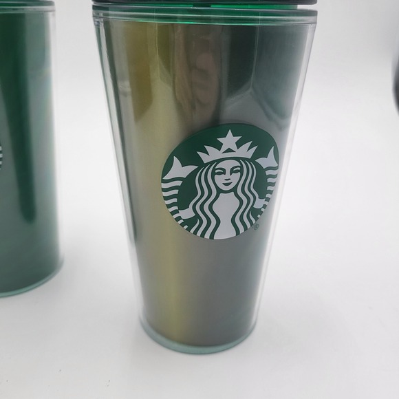 (2) Starbucks Coffee Solid & Gradient Green 16oz Cold Cups Tumblers w/lid, straw - Picture 2 of 5